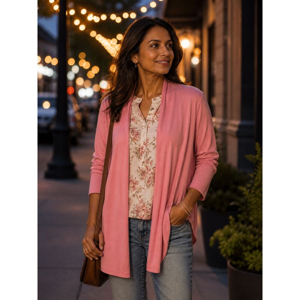 Bob Mackie Wearable Art Pink Open Front Cardigan 1X Soft Stretch Lightweight